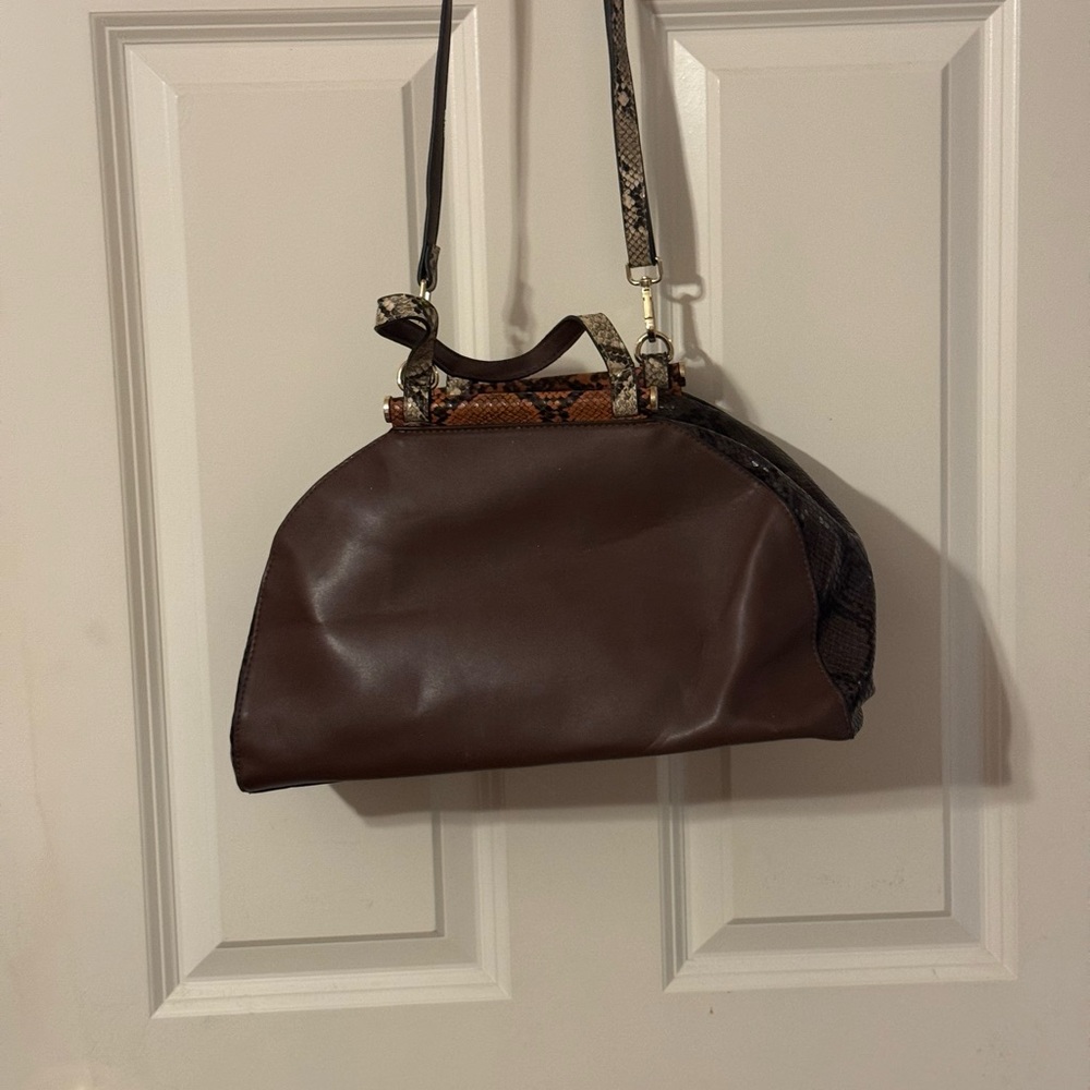 Brown Leather Handbag with Snake Print Accents